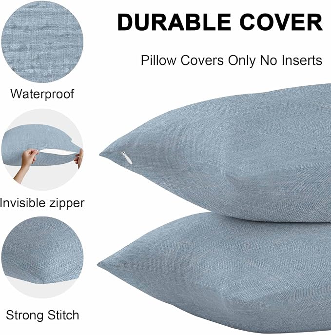 Vandarllin Outdoor Throw Pillows Covers 26x26 inch Set of 2 Waterproof Sky Blue Linen Decorative Zippered Cushion Covers for Patio Furniture, Farmhouse Pure Color Lumbar Pillowcases