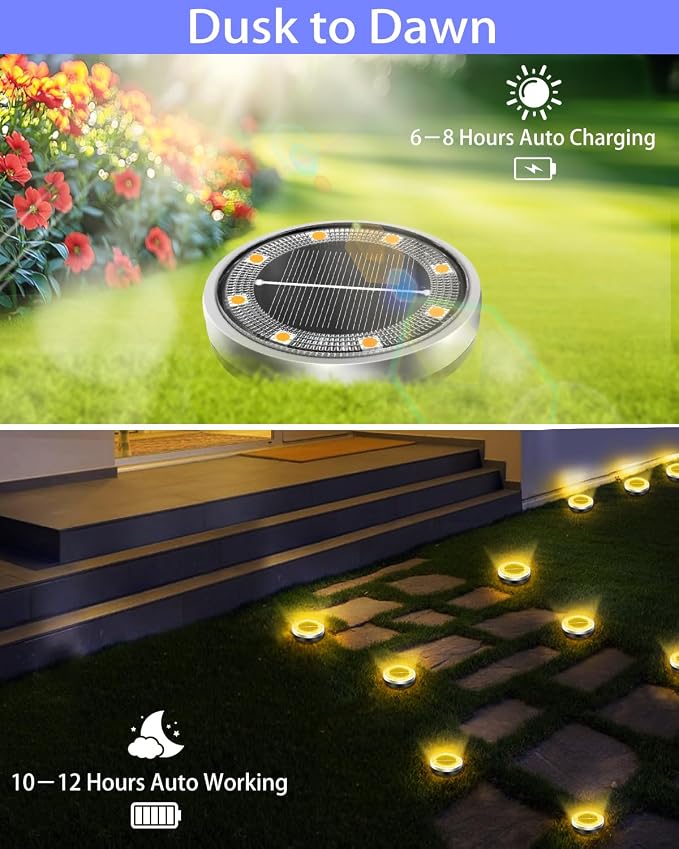 Solar Lights Outdoor Waterproof, 12 Pack 8 LED, Thickened Stainless Steel Ground Light, Solar Garden Lights Landscape Lighting for Patio Pathway Lawn Yard Deck Driveway Walkway, Warm White