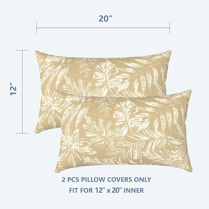 LVTXIII Outdoor Lumbar Pillow Covers Only Set of 2 Patio Decorative Pillow Cases, Water Repellent Lumbar Cushion Cases for Sofa, Patio Couch Garden Use, 12x20 Inch, Tropical Leaf Oat