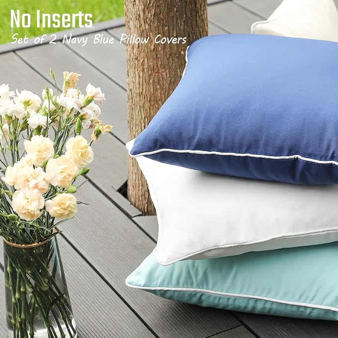 JOJOGOGO Blue Outdoor Waterproof Sun Fade Resistant Lumbar Pillow Covers 12x20 Set of 2, Navy Outdoor Lumbar Pillows Cushion Covers 12 x 20 for Patio Furniture Hammock (with White Piping)