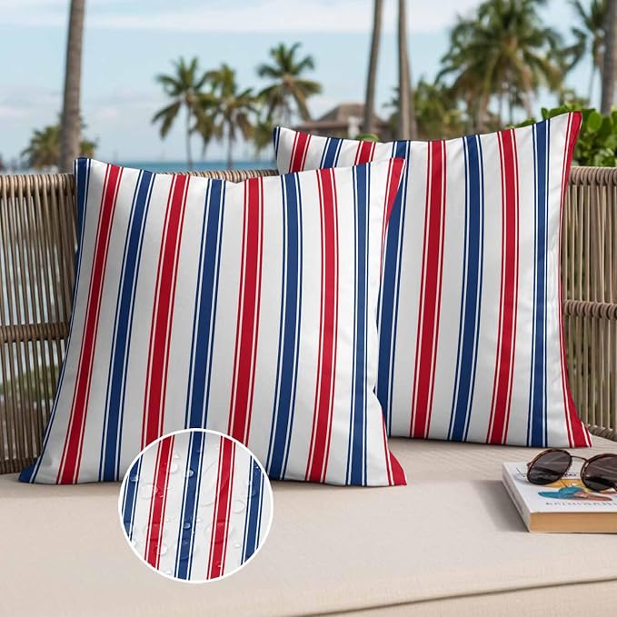 Outdoor Pillow Covers Set of 2, USA Independence Red Blue White Stripe Decor Throw Pillow Covers 18X18IN, President's Flag Day Throw Pillows Protector Cushion Case for Patio,Couch,Sofa,Garden
