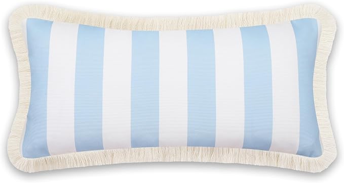 Hofdeco Premium Coastal Patio Indoor Outdoor Long Lumbar Pillow Cover Only, 12"x26" Water Repellent for Backyard, Couch, Baby Blue Stripes with Fringe