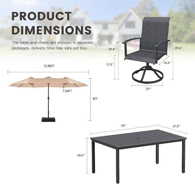 7 Pieces Patio Dining Set with Patio Umbrella, Outdoor Furniture of 63" Rectangular Patio Table and Patio Swivel Chairs for Backyard Lawn Garden, Black Table and Black Chairs