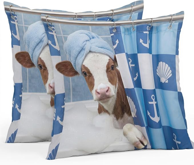Bathing Cow Waterproof Outdoor Pillow Covers Set of 2 Home Decor, Funny Animal Showering Pillowcase Patio Pillow Covers for Couch Bench Patio Furniture Garden 26x26in