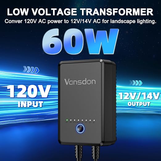 Vansdon 60W Low Landscape Voltage Transformer,120V AC to 12V DC,ETL Listed | Timer & Photocell Sensor,Circuit protection & Memory function,4 modes,Weatherproof,for Pathlight,Spotlight,ETL Listed