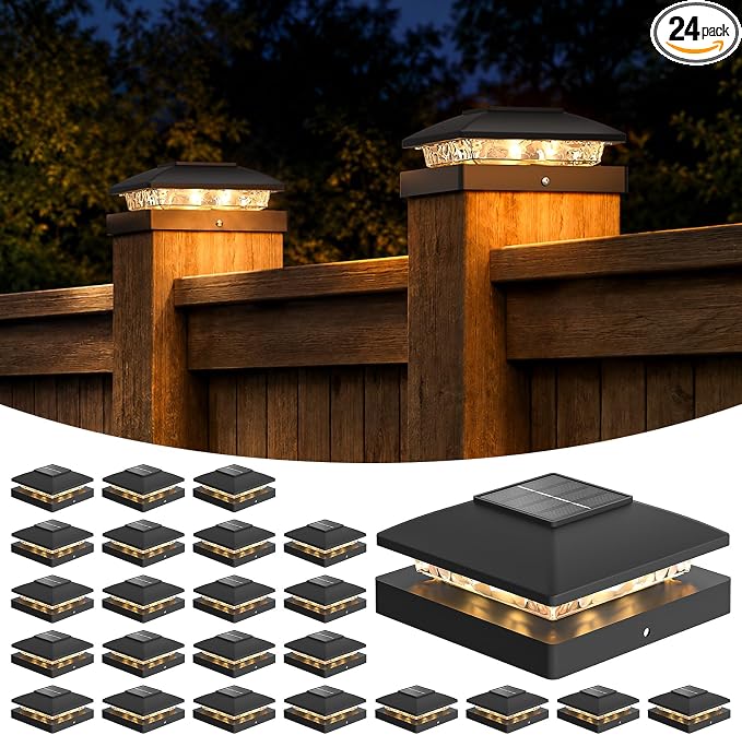 APONUO Solar Post Cap Lights for 4x4 Posts - IP64 Waterproof, 3000K LED, No-Wire Fence Lights & Deck Lights for Patio Garden Yard Patio, Black-Warm White, 24 Pack