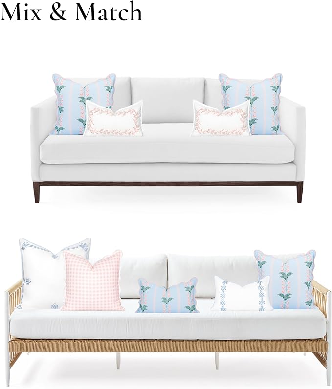 Hofdeco Premium Grandmillennial Patio Indoor Outdoor Throw Pillow Cover Only, 20"x20" Water Repellent for Backyard, Couch, Poolside, Baby Blue Pink Print Watercolor Striped Lily of the Valley