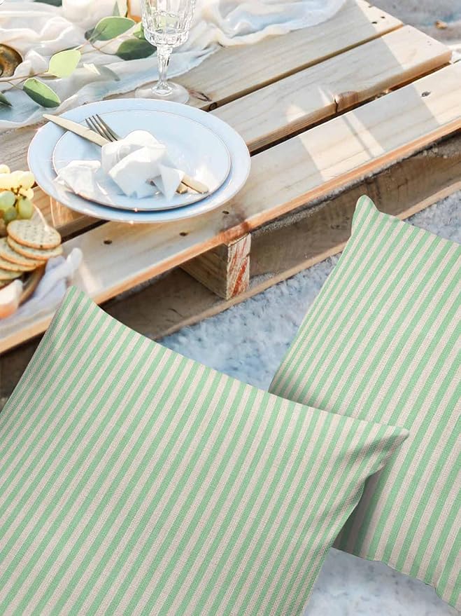 Outdoor Waterproof Throw Pillow Covers Set of 2 Green Stripes Pillowcases 18x18 Inches Linen Classic Vertical Striped Patio Decorative Pillows Cushion Case Patio Pillows for Couch Bed Chair Garden