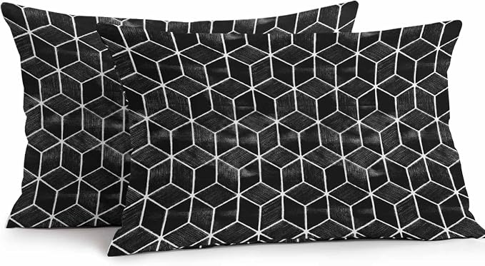 Black Honeycomb Tiling Waterproof Outdoor Pillow Covers Set of 2 Home Decor, Wooden Grain Blocks Lumbar Pillowcase Patio Pillow Covers for Couch Bench Patio Furniture Garden 20x12in