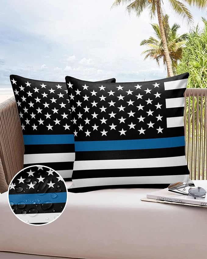 Outdoor Waterproof Pillow Covers Set of 2, Thin Blue Line Flag American Police Flag Honoring Law Enforcement Officers Patio Throw Pillow Covers, Decorative Cushion Case for Sofa Furniture, 20x20 Inch