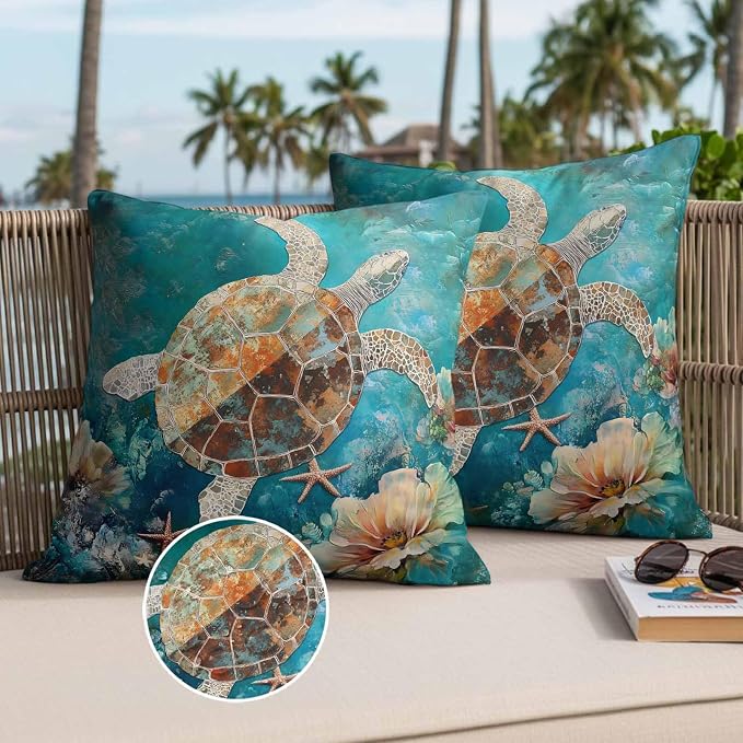 Ocean Turtle Outdoor Waterproof Throw Pillow Covers Set of 2, 26"x26", Marine Life Retro Starfish Coral Abstract Decorative Pillow Covers Outside Cushion Case for Patio Porch Garden