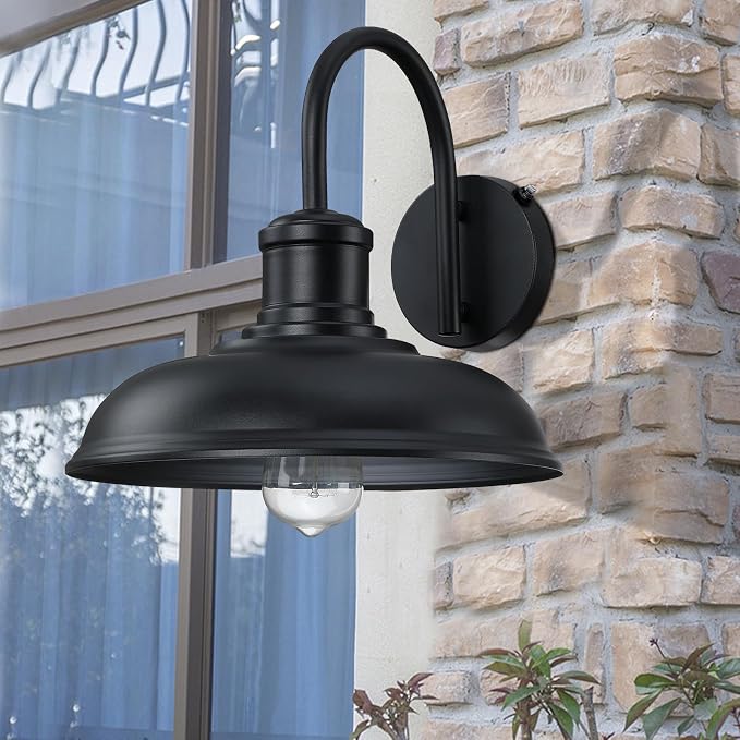 12'' Diameter Dusk to Dawn Outdoor Gooseneck Barn Light, Black | Large Exterior Lighting Fixture, Outdoor Wall Sconce Farmhouse Industrial Wall Lantern for Porch, Garage, Black, 2 Packs