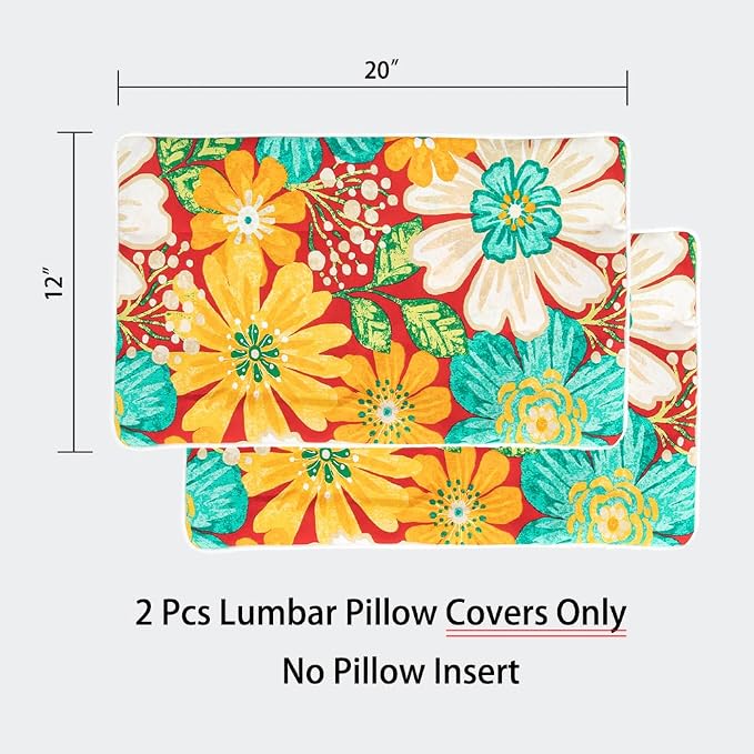 Magpie Fabrics Pack of 2 Outdoor Lumbar Pillow Case Covers 12"x20", Waterproof Rectangular Throw Pillowcase Shell Decorative Sham for Patio Garden Couch - Embry Red Hibiscus