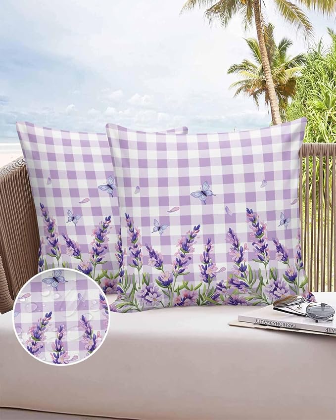Vandarllin Outdoor Throw Pillows Covers 24x24 inch Set of 2 Waterproof Purple Lavender Flower Decorative Zippered Cushion Covers for Patio Furniture, Butterfly Buffalo Plaid Lumbar Pillowcases