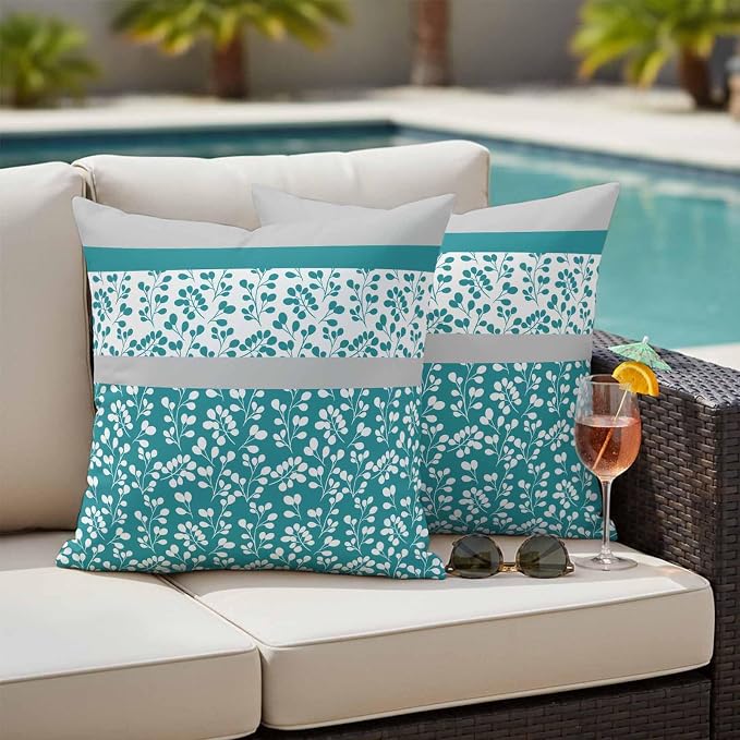 Teal Floral Outdoor Pillow Covers 20x20 Inch Throw Pillow Covers Set of 2 Waterproof Decorative Pillow Cases Botanical Blossom Motif Boho Grey Stripes Cushion Covers for Patio Furniture Garden Couch