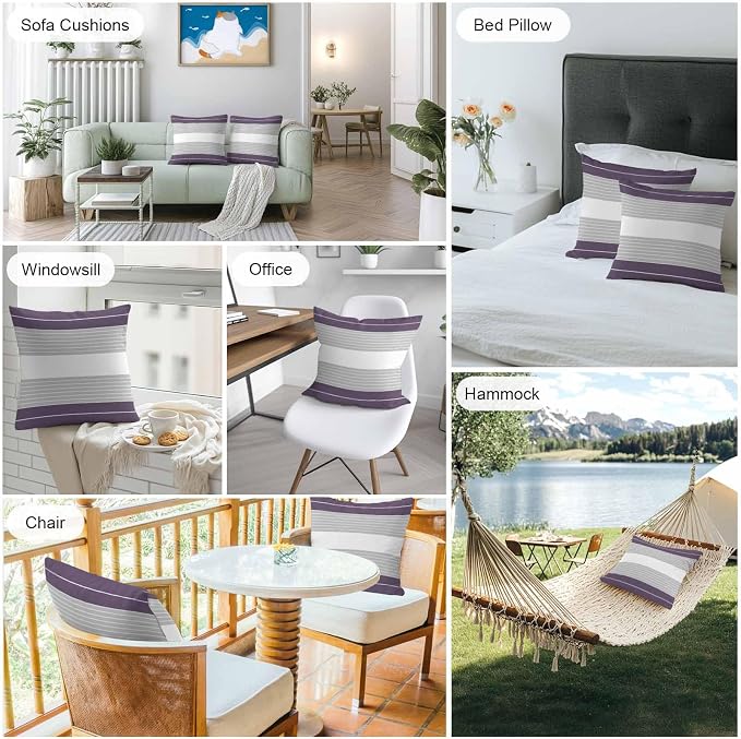 Purple Grey Stripe Outdoor Pillow Covers Waterproof, All Weather Cushion Case Set of 2, Modern Art Horizontal Striped Decorative Pillowcases for Sofa Couch Bed Decor Patio Furniture 18"x18"
