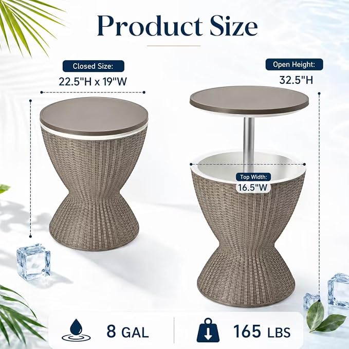 LDAILY Outdoor Cooler Table, Patio Cooler Table with 8 Gallon Capacity, Adjustable Height, Rattan Style Patio, Drain Plug, Cooler Side Table Outdoor for Poolside, Deck, BBQ & Parties(Light Brown)