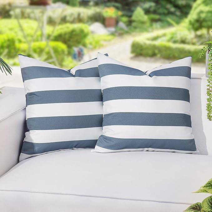 Lewondr 2 Pack Outdoor Throw Pillow Covers, 18"x18", Navy Blue + White | Square Stripe, Waterproof, For Outdoor Patio Porch Farmhouse Garden Balcony Couch, 45x45cm