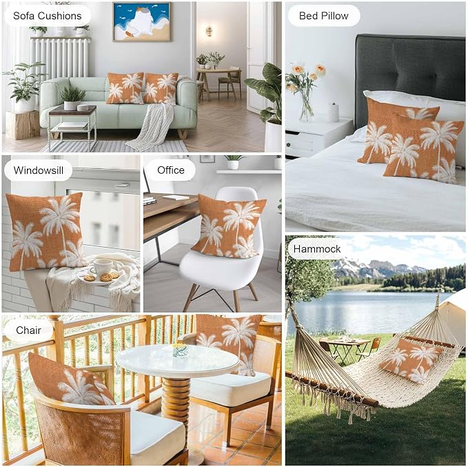 Outdoor Pillow Covers 24x24 Inch Set of 2, Burnt Orange Palm Trees Waterproof Throw Pillow Covers, Farmhouse Tropical Summer Beach Decorative Cushion Pillowcases for Couch, Sofa, Bed, Garden, Patio