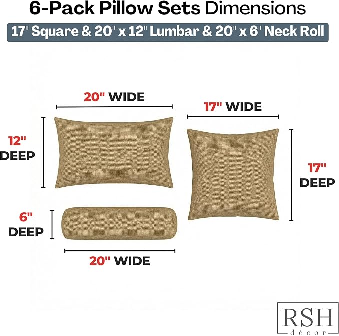 RSH DECOR: 6-Pack Pillow Set | Sunbrella Performance Fabric |Water & Fade-Resistant| 17" Square, 20"x12" Lumbar, 20"x6" Neck Roll | Outdoor Throw Pillows | Made in USA (Sailcloth Sienna Tan)