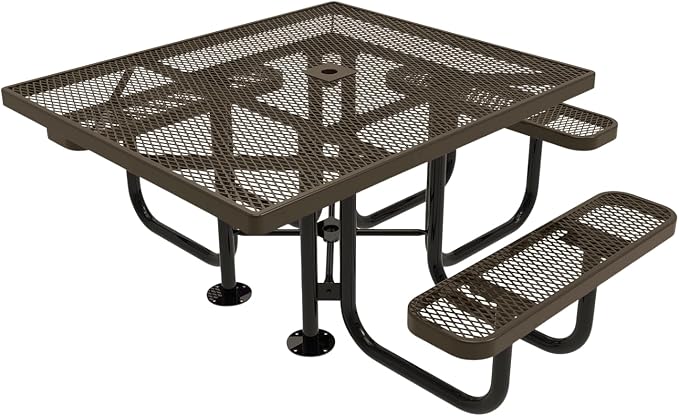 COATEDOUTDOORFURNITURE Heavy-Duty Portable ADA-Compliant Outdoor Picnic Table with Umbrella Hole, Expanded Metal Patio Dining Furniture Made in America (46" Square Top, Textured Brown)