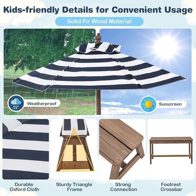 KOTEK Kids Picnic Table with Umbrella Foldable, Backyard Wooden Table & Bench Set w/Removable Cushions, Activity Art Play Table, Indoor Outdoor Toddler Picnic Table for Patio, Lawn & Garden (Blue)