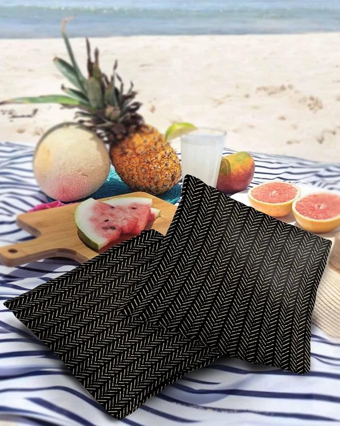 Black Gold Striped Outdoor Pillow Covers Waterproof,All Weather Cushion Case Set of 2 Decorative Pillowcases for Sofa Couch Bed Decor Patio Furniture 20"x20" Boho Minimalist Geometric Bohemia