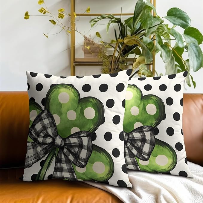 Lucky Shamrock Throw Pillow Covers Set of 2, 20x20 Inch Green Clover Polka Dots Irish Holiday Spring Square Pillowcases for Living Room Bedroom Sofa Couch Patio Outdoor Home Decor