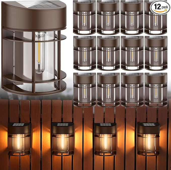 Solar Lights Outdoor, 12 Pack Solar Fence Lights, Waterproof Led Outdoor Solar Lights for Yard Patio Step Deck Stairs Garden Decor, Brown