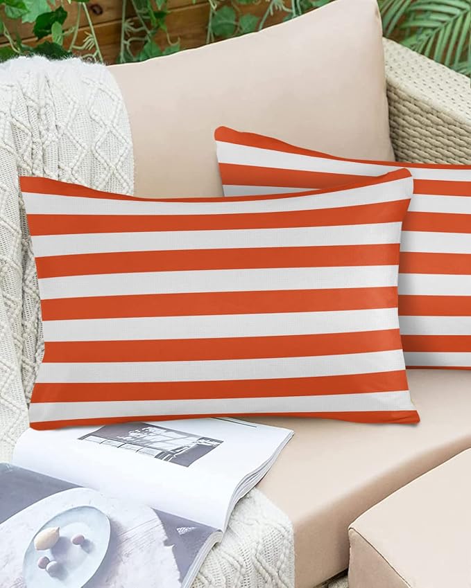 Lumbar Throw Pillow Covers 12x20 Outdoor Waterproof Pillow Covers for Patio Furniture Orange and White Stripes Throw Pillow Cover Solid Striped Pillowcases Set of 2 Cushion Case for Sofa Couch Chair