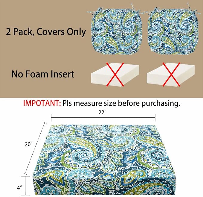 Magpie Fabrics Indoor Outdoor Cushion Cover Replacement 2 Pack, NO Insert! Water Repellent Slipcover with Ties Decor for Patio Garden Chair Sofa Bench Wicker(Paisley Lapis Green, 22x20x4 Inch)