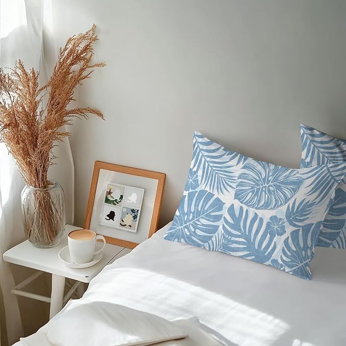 Coastal Blue Palm Leaves Outdoor Pillow Covers 20"x12" Set of 2, Tropical Botanical Minimalist Modern Waterproof Throw Pillow Covers for Patio Furniture, Decorative Cushion Covers for Porch