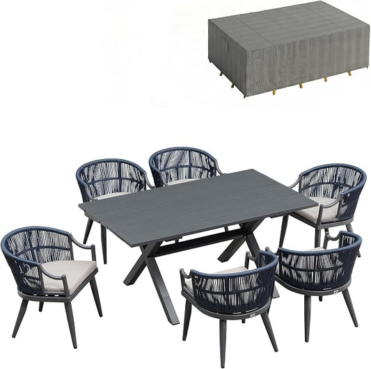PURPLE LEAF Outdoor Dining Set for 6 with Waterproof Furniture Cover All Weather Patio Dining Set with Rectangular Aluminum Table and Wicker Dining Chairs for Garden Deck Backyard Kitchen, Grey