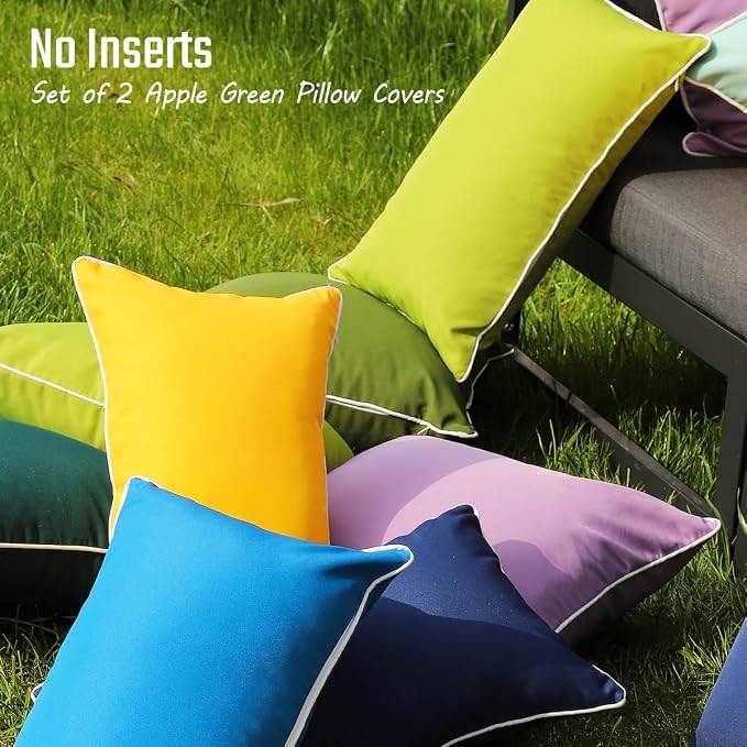 JOJOGOGO Green Outdoor Lumbar Pillow Covers 12x20 Waterproof Set of 2, Apple Green Spring Outdoor Pillows Cushion Covers 12 x 20, Decorative Pillows for Porch Patio Furniture (with White Piping)