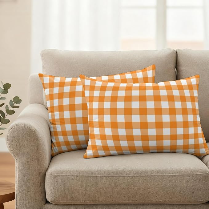 Orange Checks Outdoor Pillow Covers 20"x12" Set of 2, White Gingham Plaid Abstract Modern Summer Waterproof Throw Pillow Covers for Patio Furniture, Decorative Cushion Covers for Porch