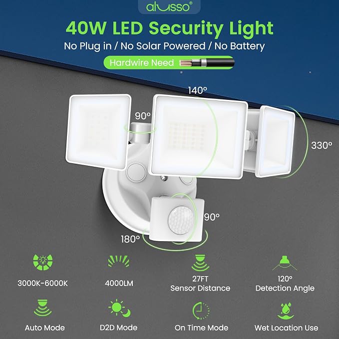 ALUSSO LED Security Lights Motion Sensor,120V 36W 3000LM Flood Lights Outdoor Motion Sensor with Remote, Dimmable Brightness 3000K-6000K IP65 3 Heads Outdoor Security Light for Garage Yard,White