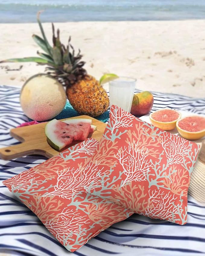 Pack of 2 Outdoor Pillow Covers 16x16 Waterproof Orange Ocean Coral Throw Pillow Covers, Decorative Pillowcases Nautical Coastal Summer Beach Cushion Covers for Patio Garden Couch Pillow Case