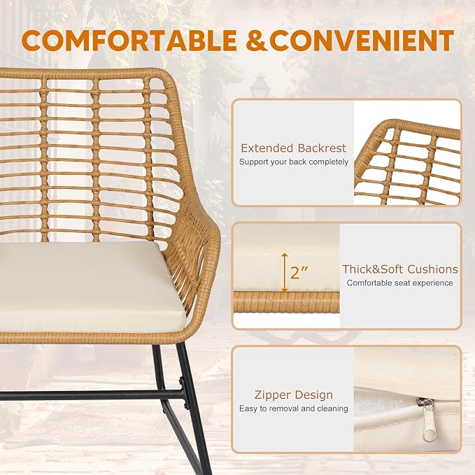 4 Piece Outdoor Wicker Patio Conversation Bistro Set, Rattan Patio Furniture Set with Table and Cushions, Conversation Loveseat Chairs for Backyard, Balcony, Beige