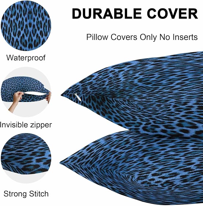 Vandarllin Outdoor Throw Pillows Covers 20x12 inch Set of 2 Waterproof Blue Leopard Print Decorative Zippered Cushion Covers for Patio Furniture, Retro Animal Fur Pattern Lumbar Pillowcases