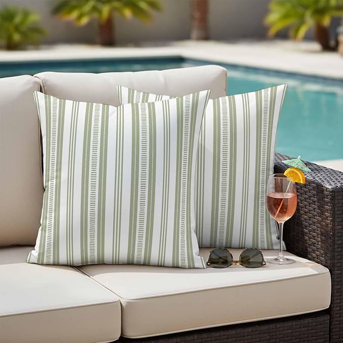 Sage Green Striped Outdoor Waterproof Pillow Covers, Farmhouse Stripes Modern Geometric Decorative Square Throw Pillowcase Sofa Cushion Sham for Patio/Couch/Chair, 26"x26" 2 Pack
