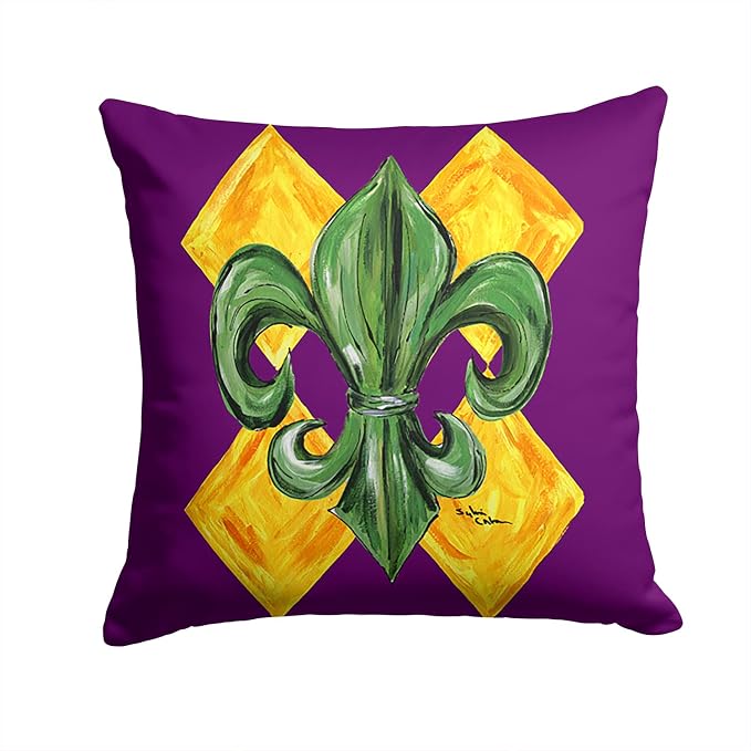 Caroline's Treasures 8133PW1414 Mardi Gras Fleur de lis Purple Green and Gold Fabric Decorative Pillow Machine Washable, Indoor Outdoor Decorative Pillow for Couch, Bed or Patio, 14Hx14W