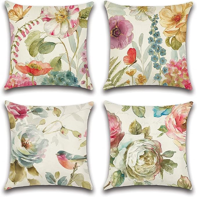Artscope Set of 4 Waterproof Throw Pillow Covers 18x18 Inches, Colorful Flowers Bird and Butterfly Pattern Decorative Cushion Covers, Perfect to Outdoor Patio Garden Living Room Sofa Farmhouse Decor