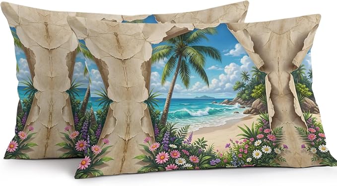 Tropical Floral Botanical Outdoor Pillow Covers 20x12 Inch Lumbar Pillow Covers Set of 2 Waterproof Decorative Throw Pillow Cases Palm Tree Summer Beach Cushion Covers for Patio Furniture Garden Couch