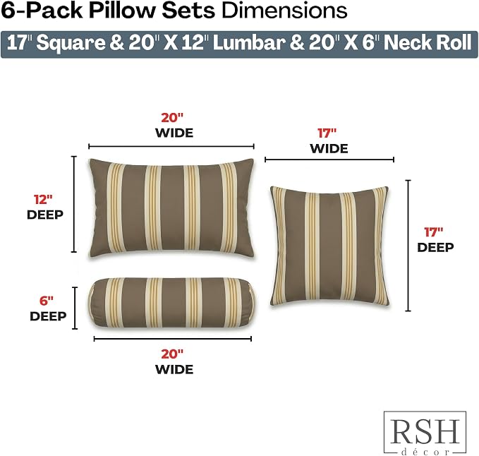 RSH DECOR: 6-Pack Pillow Set | Outdura Performance Fabric |Water & Fade-Resistant| 17" Square, 20"x12" Lumbar, 20"x6" Neck Roll | Outdoor Pillows for Patio Furniture | Made in USA (Tory Alloy)