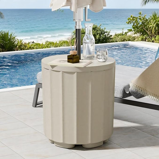 Umbrella Side Table, Outdoor Sturdy 2-in-1 Umbrella Base & Side Table, Wind-Resistant with Leak-Proof Water Bladder, Patio in Pool Umbrella Stand, No Rust Stains, Easy Assembly, Beige
