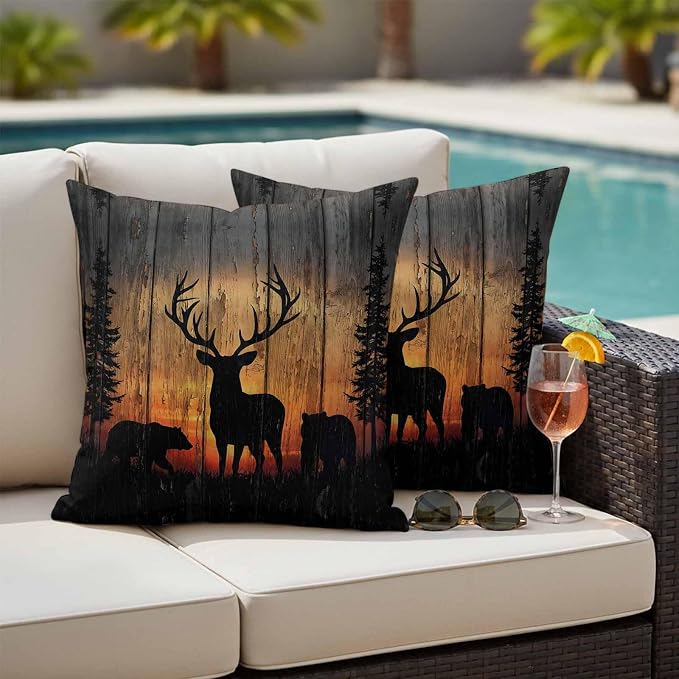 Yukro Wildlife Scene Outdoor Waterproof Pillow Covers Pack of 2, Nature Deer Bear Pine Trees Silhouette Sunset Throw Pillowcases Decorative Cushion Covers for Garden Patio Tent Sofa Couch, 18x18 inch