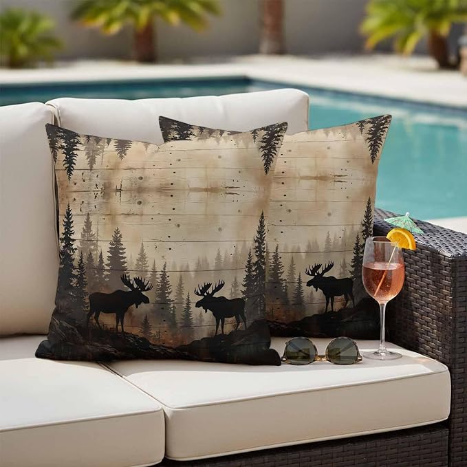 Nature Landscape Outdoor Waterproof Pillow Covers Pack of 2, Rustic Moose Forest Pine Silhouettes Wildlife Throw Pillowcases Decorative Cushion Covers for Garden Patio Tent Sofa Couch, 24x24 inch