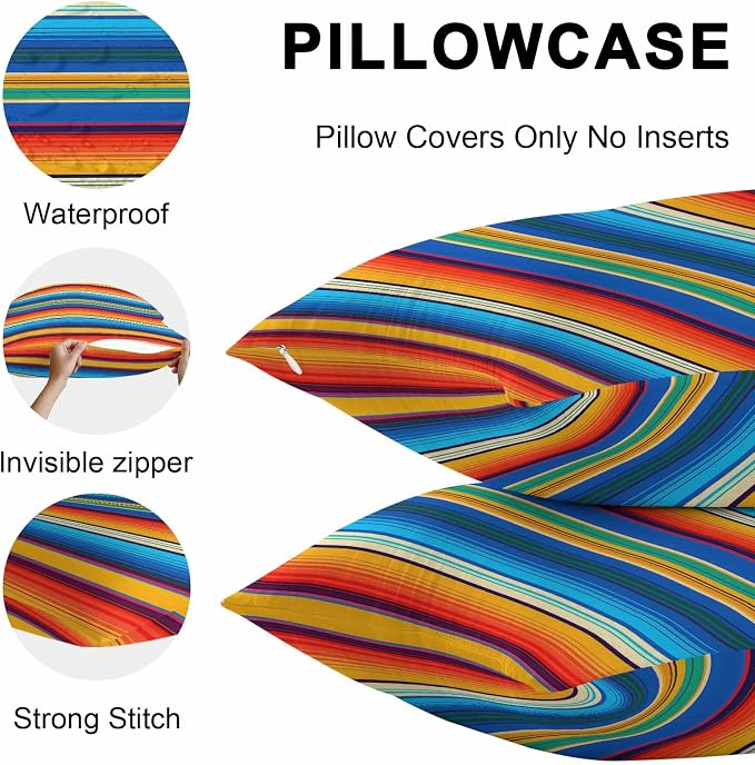 Colorful Striped Outdoor Pillow Covers 26x26 Inch Throw Pillow Covers Set of 2 Waterproof Decorative Pillow Cases Boho Rainbow Abstract Stripes Lines Cushion Covers for Patio Furniture Garden Couch