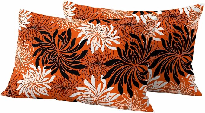 Yukro Orange Black Floral Outdoor Waterproof Pillow Covers Pack of 2, Vintage White Black Flower Orange Decorative Throw Pillowcases Cushion Covers for Garden Patio Tent Sofa Couch, 20x12 inch