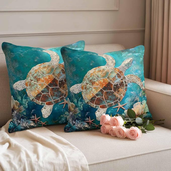 Ocean Turtle Outdoor Waterproof Throw Pillow Covers Set of 2, 26"x26", Marine Life Retro Starfish Coral Abstract Decorative Pillow Covers Outside Cushion Case for Patio Porch Garden